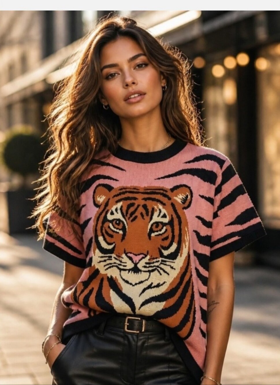 Pink Tiger Motif Short Sleeve Knit Sweater Top